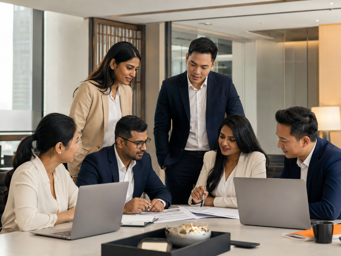 A diverse team of Indian and Southeast Asian professionals collaborating